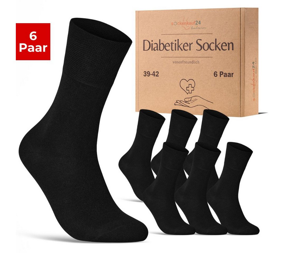 sockenkauf24 Diabetikersocken aus 97% Baumwolle ohne Gummibund & ohne Naht (6-Paar) Diabetiker Socken mit Komfortbund ohne Gummi für Damen & Herren von sockenkauf24