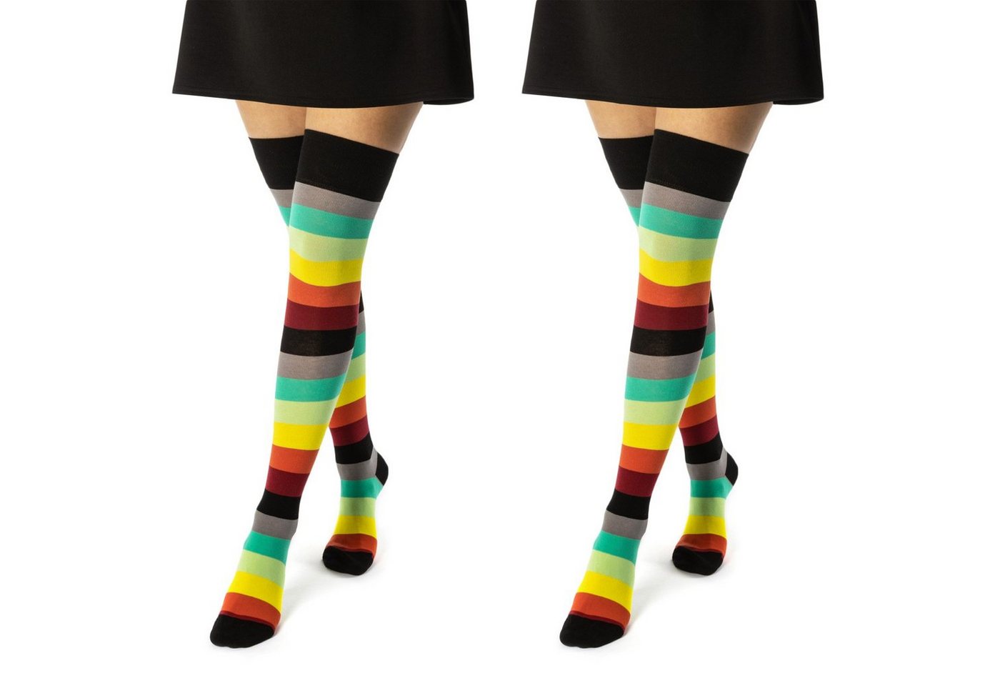 sockenkauf24 Overknees 2 Paar Overknee Strümpfe Damen Kniestrümpfe (Bunte Ringel, 35-38) Schwarz Bunt Ringel Baumwolle - 10723 WP von sockenkauf24