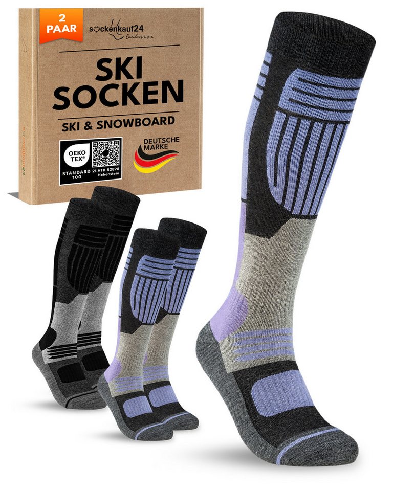 sockenkauf24 Skisocken Merino Damen 2 Paar Ski Kniestrümpfe Merinowolle (2-Paar) atmungsaktive Skisocken mit verstärkten Belastungszonen von sockenkauf24