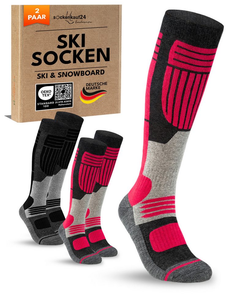 sockenkauf24 Skisocken Merino Damen 2 Paar Ski Kniestrümpfe Merinowolle (2-Paar) atmungsaktive Skisocken mit verstärkten Belastungszonen von sockenkauf24