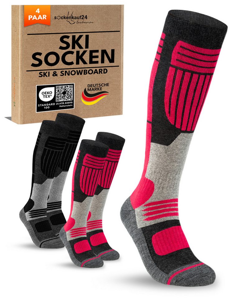 sockenkauf24 Skisocken Merino Damen 2 Paar Ski Kniestrümpfe Merinowolle (4-Paar) atmungsaktive Skisocken mit verstärkten Belastungszonen von sockenkauf24