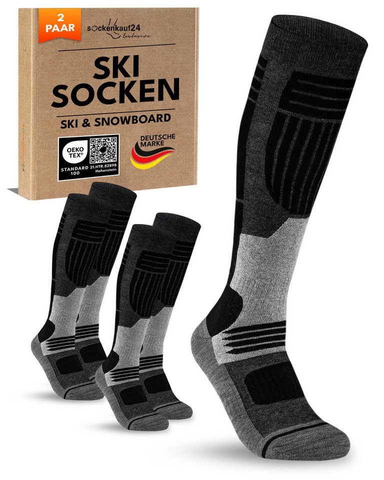 sockenkauf24 Skisocken Merino Damen 2 Paar Ski Kniestrümpfe Merinowolle (4-Paar) atmungsaktive Skisocken mit verstärkten Belastungszonen von sockenkauf24