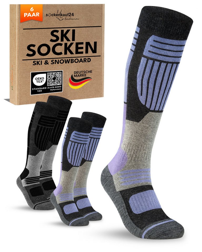 sockenkauf24 Skisocken Merino Damen 2 Paar Ski Kniestrümpfe Merinowolle (6-Paar) atmungsaktive Skisocken mit verstärkten Belastungszonen von sockenkauf24