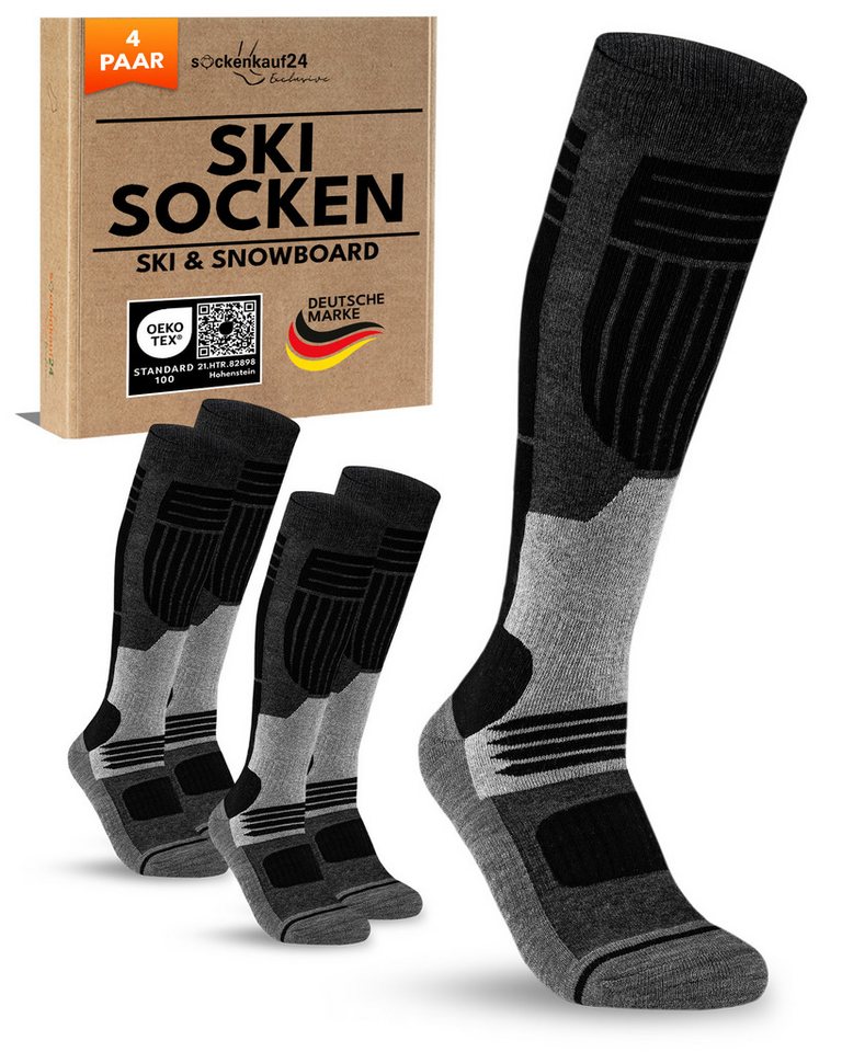 sockenkauf24 Skisocken Merino Herren 2 Paar Ski Kniestrümpfe Merinowolle (4-Paar) atmungsaktive Skisocken mit verstärkten Belastungszonen von sockenkauf24