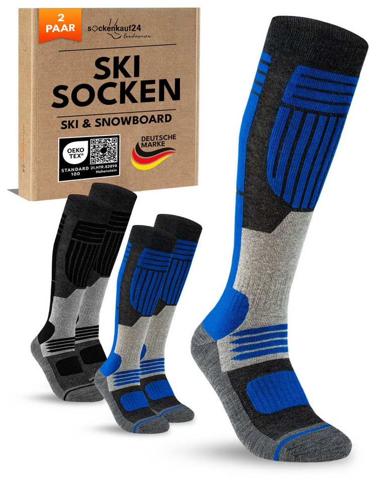 sockenkauf24 Skisocken aus Merinowolle 2 Paar Ski Kniestrümpfe Herren & Damen atmungsaktive Skisocken mit verstärkten Belastungszonen von sockenkauf24