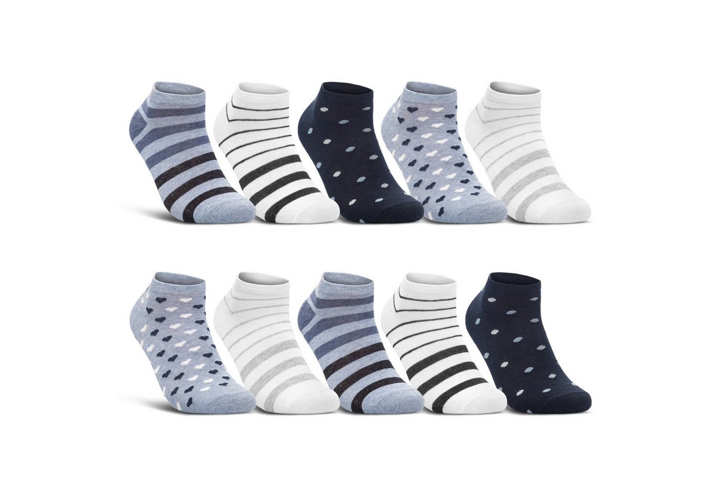 sockenkauf24 Sneakersocken 10 Paar Damen Sneaker Socken Mehrfarbig (35-38, 36832) Streifen Punkte Herzen Maritim Baumwolle WP von sockenkauf24