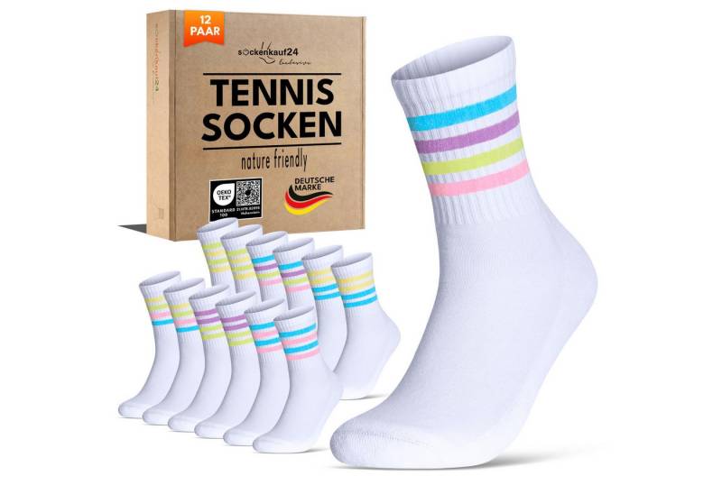 sockenkauf24 Tennissocken Damen Sportsocken Premium Retro Crew Socken (12-Paar, 6 Paar) verstärkte Ferse & Fußspitze, gepolsterte Sohle, gekämmte Baumwolle von sockenkauf24