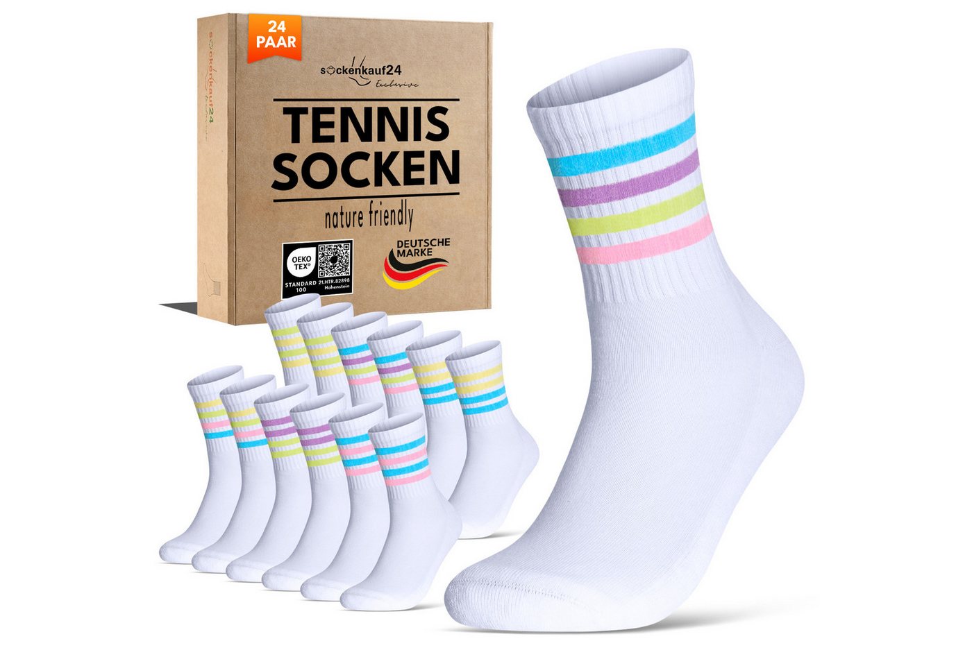 sockenkauf24 Tennissocken Damen Sportsocken Premium Retro Crew Socken (24-Paar, 6 Paar) verstärkte Ferse & Fußspitze, gepolsterte Sohle, gekämmte Baumwolle von sockenkauf24