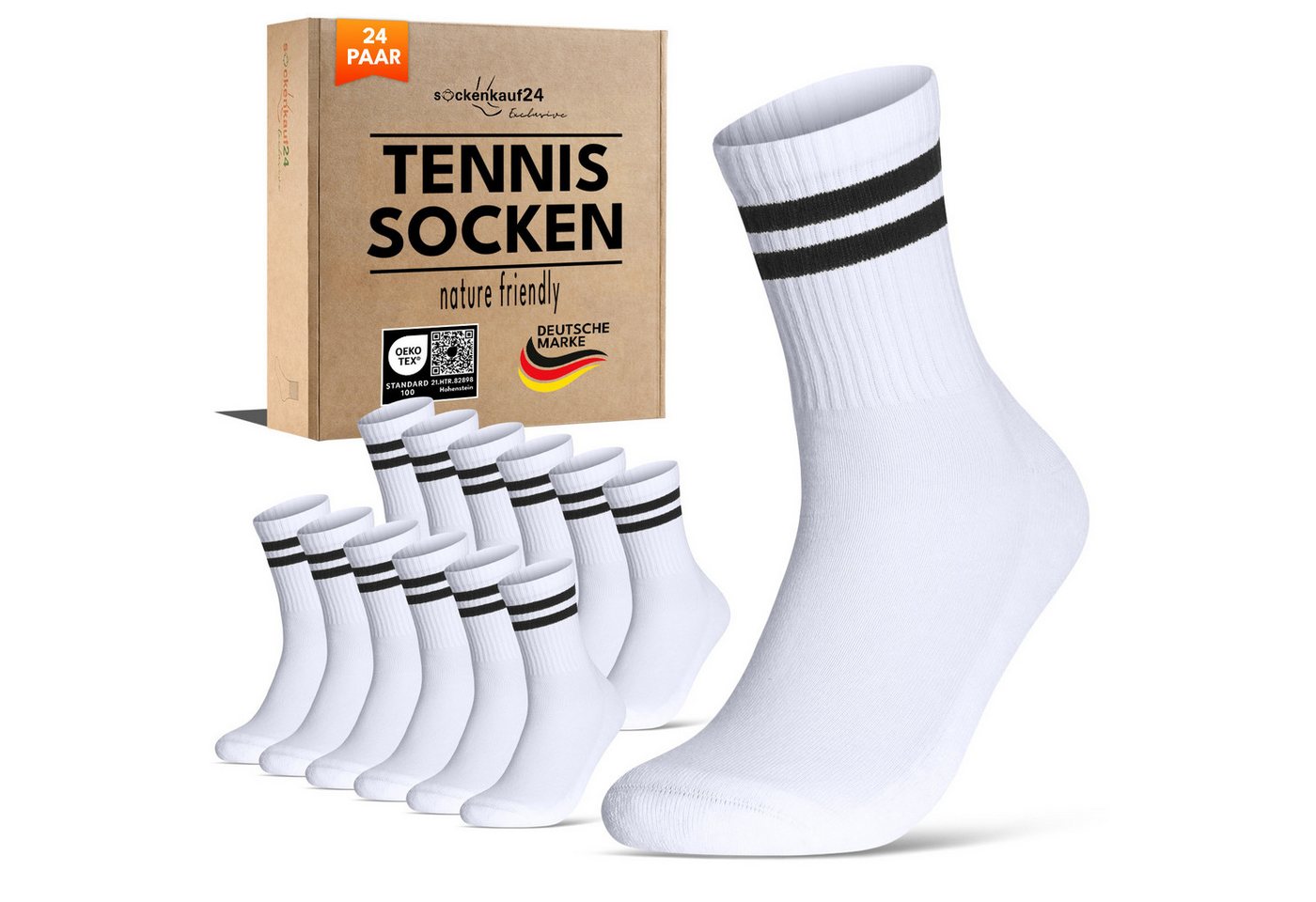 sockenkauf24 Tennissocken Damen Sportsocken Premium Retro Crew Socken (24-Paar, 6 Paar) verstärkte Ferse & Fußspitze, gepolsterte Sohle, gekämmte Baumwolle von sockenkauf24
