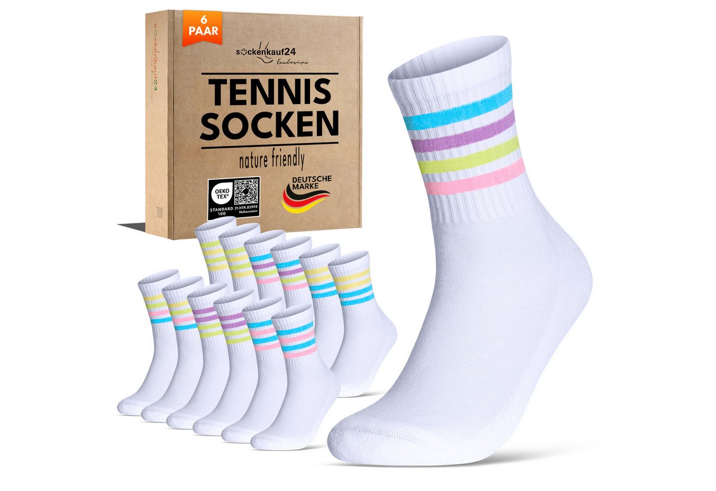 sockenkauf24 Tennissocken Damen Sportsocken Premium Retro Crew Socken (6-Paar, 6 Paar) verstärkte Ferse & Fußspitze, gepolsterte Sohle, gekämmte Baumwolle von sockenkauf24