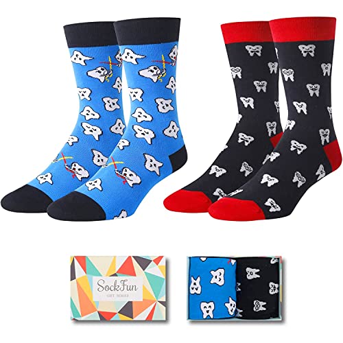 SOCKFUN Corgi Golf Katze Faultier Lesen Socken für Männer Zahnarzt Corgi Golf Katze Faultier Liebhaber Geschenke im 2er Pack, Dentalteeth - 2 Stück, Medium von sockfun