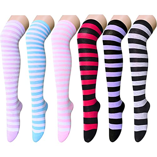 sockfun Gestreifte Oberschenkelhohe Socken Kniehohe Socken für Frauen Mädchen, lange Socken über dem Knie Socken, 6 Paar leuchtende Farben, Medium von sockfun