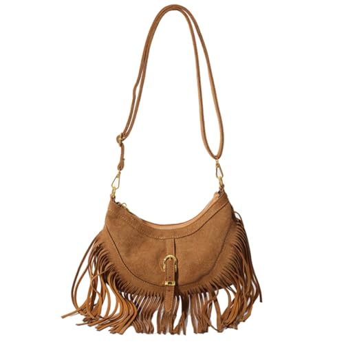 Damen-Umhängetasche mit Quasten und geräumigen Innenseiten, Schultertasche, verstellbarer Riemen, lässiger Schnitt, Khaki Kh, Medium von sodeber