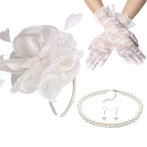 Elegante Spitzenhandschuhe, Vintage-Fascinator, Stirnband für Teeparty, Kostüm, französische Pillendose von sodeber