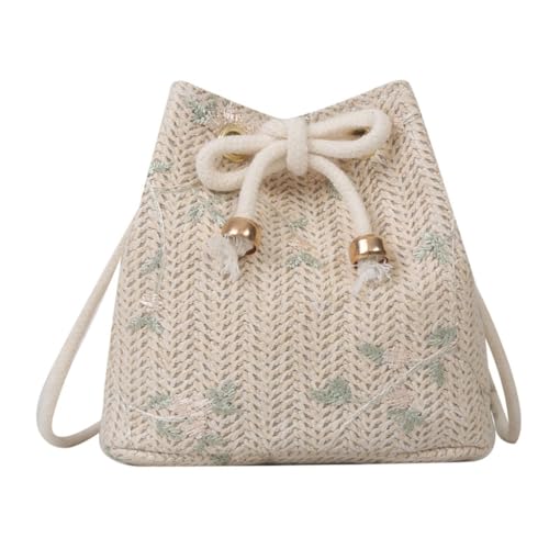 sodeber Damen-Umhängetasche mit Kordelzug, Stroh, gewebt, Eimer, Crossbody, Strand-Handtasche, passend zu allen Anlässen, Beige Bg, Medium von sodeber