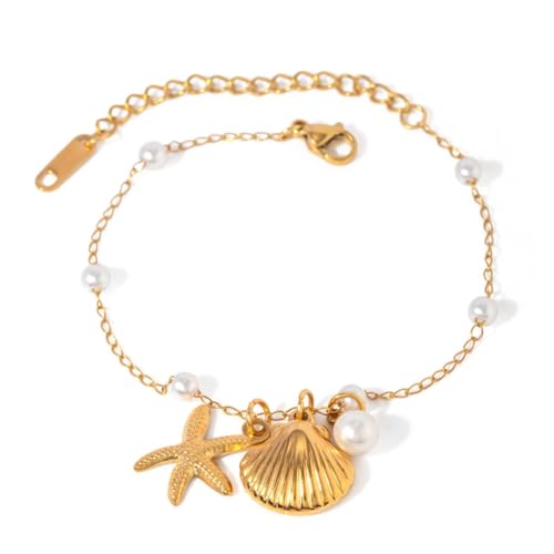 sodeber Elegante goldene Halskette mit Seestern und Muscheln, Edelstahl, einzigartige Tropfen-Ohrringe für Strandurlaub sodeber Elegante goldene Halskette mit Seestern und Muscheln, Edelstahl, einzigartige Tropfen-Ohrringe für Strandurlaub von sodeber