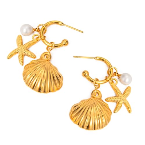 sodeber Elegante goldene Halskette mit Seestern und Muscheln, Edelstahl, einzigartiger Tropfen-Ohrring-Anhänger für Strandurlaub sodeber Elegante goldene Halskette mit Seestern und Muscheln, Edelstahl, einzigartiger Tropfen-Ohrring-Anhänger für Strandurlaub von sodeber
