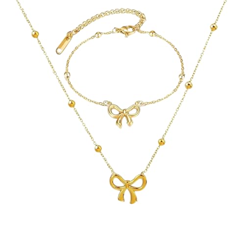 sodeber Modisches Stahl-Schmuck-Set mit Schmetterlings-Schleifen-Anhänger, elegante Halskette und für den täglichen Gebrauch von sodeber