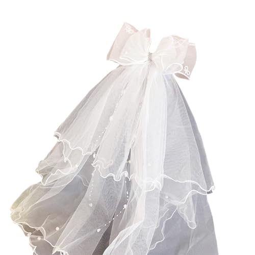 sodeber Schleier-Set für Mädchen zur Erstkommunion, mit verstellbarer Haarspange und 3D-Schleifen-Design, weiße Spitze, Kopfschmuck für Ostern von sodeber