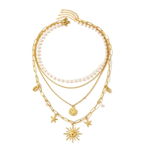 sodeber Temperament-Halsketten-Set mit Seestern-Blumen- und Herz-Anhängern, Halsband, Schlüsselbeinkette für Frauen mit einzigartigem, M, Edelstahl, Kein Edelstein von sodeber