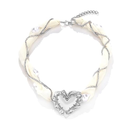 sodeber Verstellbare Perlen-Netz-Halskette, modische Kette, Halsschmuck mit Herz-Anhänger und Akzent für von sodeber