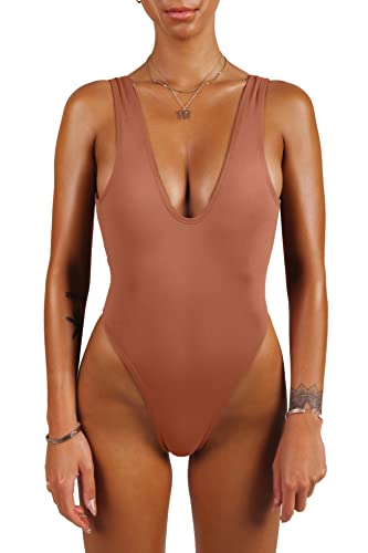 sofsy Badeanzug für Damen mit hohem Beinausschnitt, 80er und 90er sexy Retrolook rückenfrei bademode Nude größe extra XS von sofsy