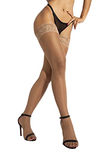 sofsy Fischnetz Halterlose Strümpfe mit Spitze - Strapsen Dessous - Netzstrumpfhose Braun Tan 1/2 - X-Small/Small von sofsy