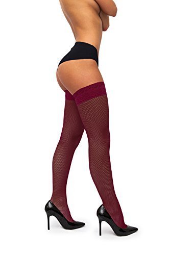 sofsy Fischnetz Halterlose Strümpfe mit Spitze - Strapsen Dessous - Netzstrumpfhose Bordeaux Red Wine 3/4 - Medium/Large von sofsy