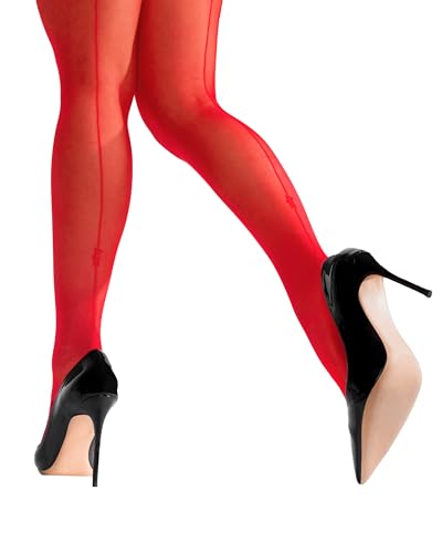 sofsy Halterlose Strümpfe, Nahtstrümpfe für Frauen, Strumpfhose mit Rücknaht & Silikonstreifen| 20 Den Rot mit roter Naht 6 - XXL von sofsy