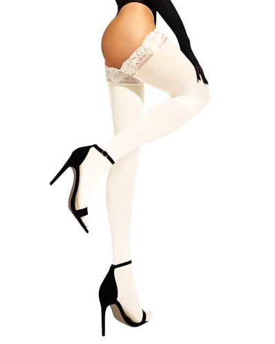 sofsy Hand-Finished Hosiery - Italian 60 Den Cream Stockings for Women | Opaque Thigh High Hold Ups Dual Silicone Lace Top - Medium/Large von sofsy