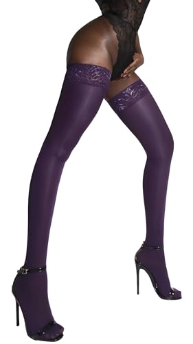 sofsy Hohe Halterlose Strümpfe für Damen mit Spitze - Selbsthaltende Nylonstrümpfe Damen 60 Den, Halterlose Strümpfe Große Größen, Violett Violet 1/2 - X-Small/Small von sofsy