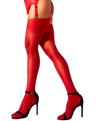 sofsy Sheer Oberschenkel Strapsstrümpfe für Strumpfhalter/Strumpfgürtel/Strapsgürtel Plain 15 Den (Strumpfgürtel nicht enthalten) Rot - L von sofsy