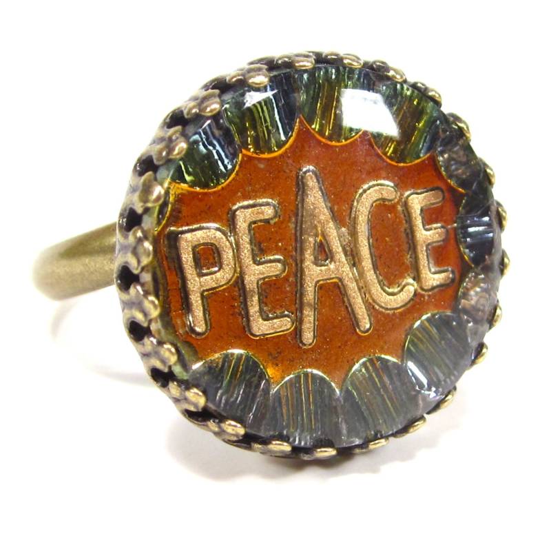 Soho® Ring Vintage Bronze Bohemia 1960Er Jahre Handgemachter Glasstein Peace Cabochon Feueropal Handmade in Cologne von sohominussoho