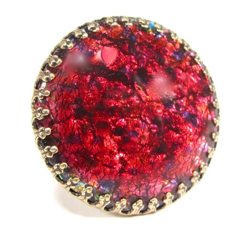 Soho® Ring Vintage Bronze Bohemia Glas 1960Er Jahre Handgemachter Glasstein Red Fire Opal Cabochon Feueropal Handmade in Cologne von sohominussoho