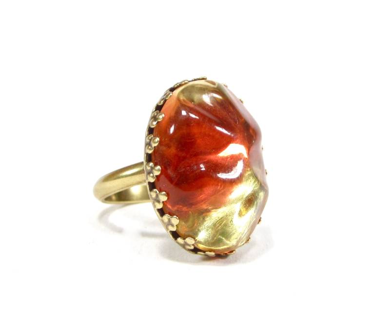 statement Oval Ring Orange Gelb Größenverstellbar Bronze Handgemachter Glasstein 1960S Handmade in Cologne von sohominussoho