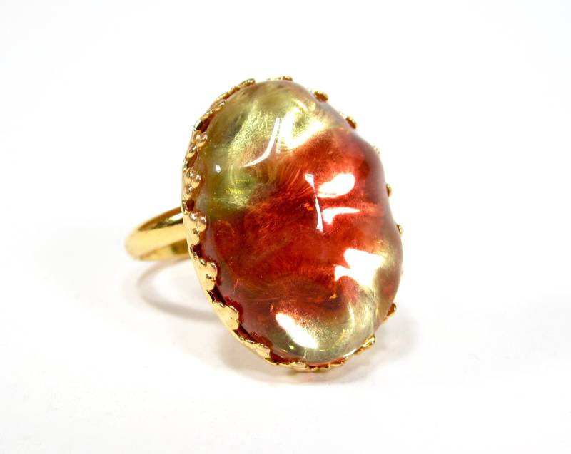 statement Oval Ring Orange Gelb Größenverstellbar Gold Handgemachter Glasstein 1960S Handmade in Cologne von sohominussoho