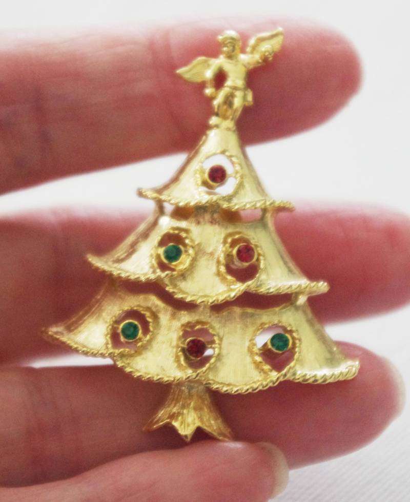 Vintage 70Er Jahre Weihnachtsbaum Anstecknadel Gold Strass Engel Brosche von soldiersuzanne