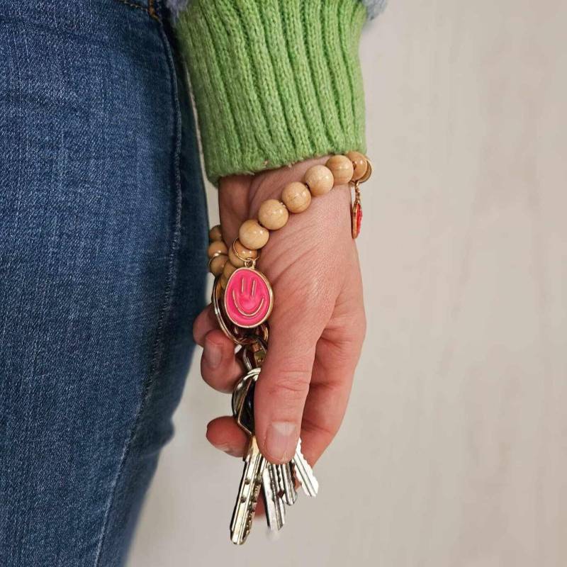 Good Vibes Schlüsselanhänger Armband | Schlüsselarmband Smiley Schlüsselband Holzperlen Weihnachtsgeschenk Für Frauen & Freundinnen von soluandme