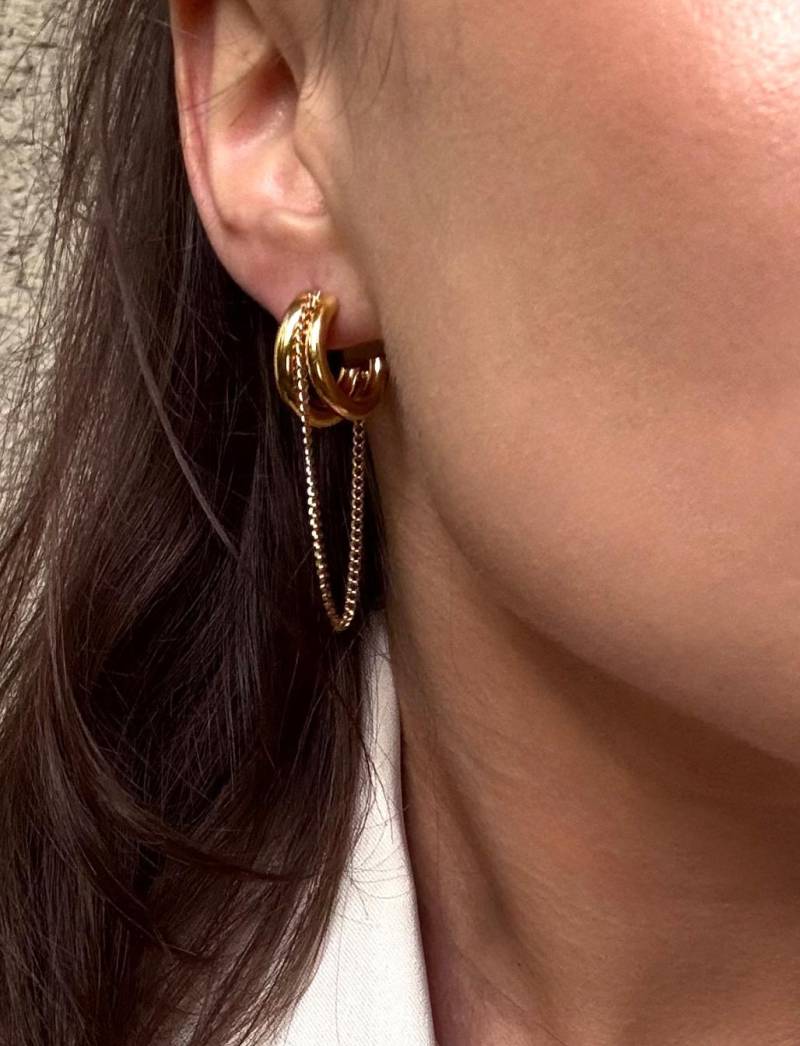Chunky Gold Plated Stud Earrings With Chain - Stainless Steel Statement Earrings, Modern Trendy Jewelry Gift For Her von solynebijoux