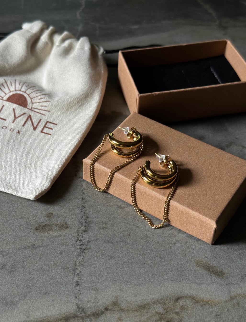 Chunky Gold Plated Stud Earrings With Chain - Stainless Steel Statement Earrings, Modern Trendy Jewelry Gift For Her von solynebijoux