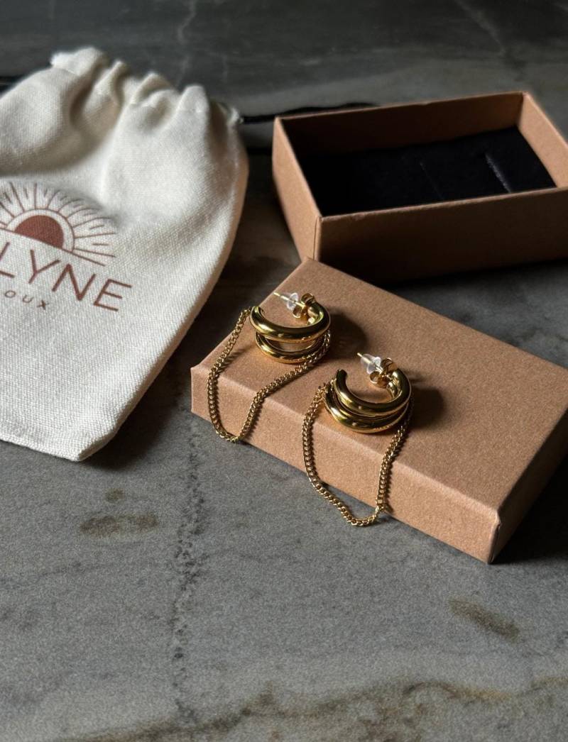 Chunky Gold Plated Stud Earrings With Chain - Stainless Steel Statement Earrings, Modern Trendy Jewelry Gift For Her von solynebijoux