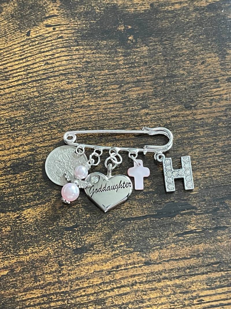 Personalisierte Initial Taufe Patenkind Andenken Charm Pin Set Kreuz Engel Glück Sixpence Münze Und Strass Alphabet Geschenk Verpackt von somethingquirky4u