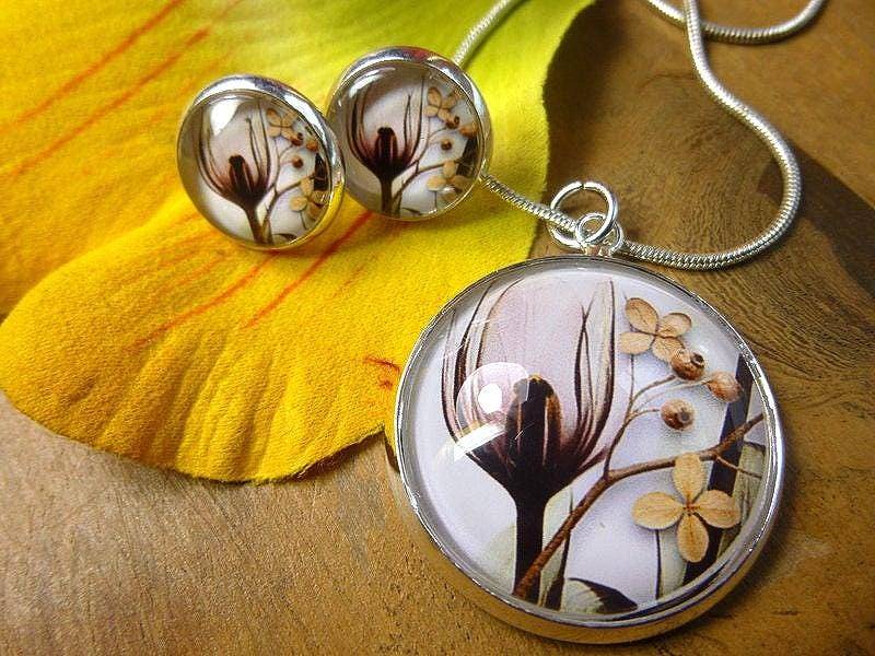 Schmuckset Cabochon ~ Anhänger & Ohrstecker ~Glasschmuck, Blumenschmuck, Ohrringe, Kette, Geschenk Frau, Silber von sommerelf