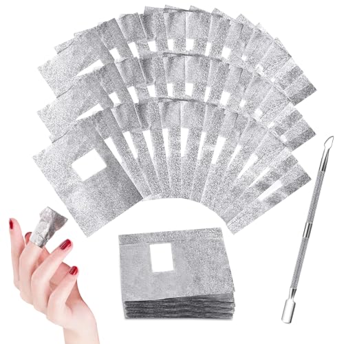 Soodyoow 200 Stück Nail Polish Remover Wraps Pads, Neonail Remover und 1 Stück Nagelhaut Schieber, Aluminiumfolie Neonail Entferner, Hilfsmittel zum Einfachen Nagellackentferner von soodyoow