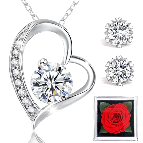 Ewige Echte Rose, Kette Damen mit Anhänger Herzkette Schmuck Ohrringe Silber 925 Geschenke für Geschenke Damen mit Valentinstag Muttertag Weihnachtsfeiertag Frauen Oma Ehefrau Jahrestag Geburtstag von sopalmy