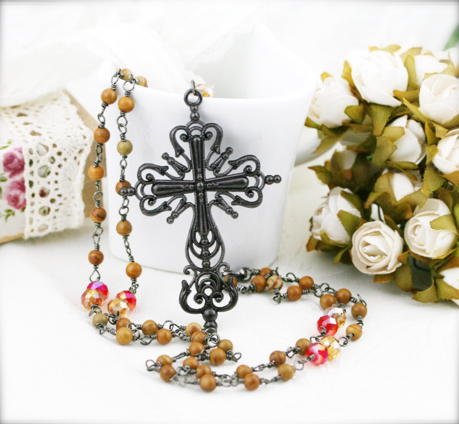 Mittelalterliche Kreuz Holz Jaspis Rosenkranz Halskette | Mc Mittelalterliche Kreuz Holz Jaspis Rosenkranz Halskette | Mc von sophinegiam