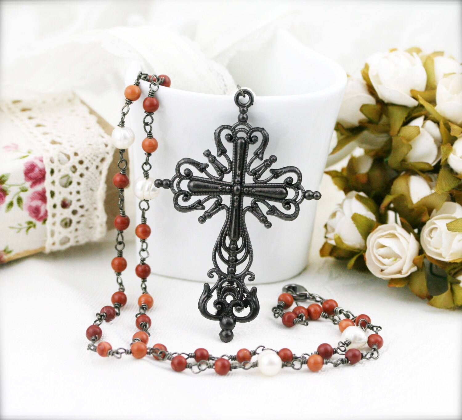 Mittelalterliche Kreuz Jaspis Und Perlen Rosenkranz Halskette | Mc Mittelalterliche Kreuz Jaspis Und Perlen Rosenkranz Halskette | Mc von sophinegiam