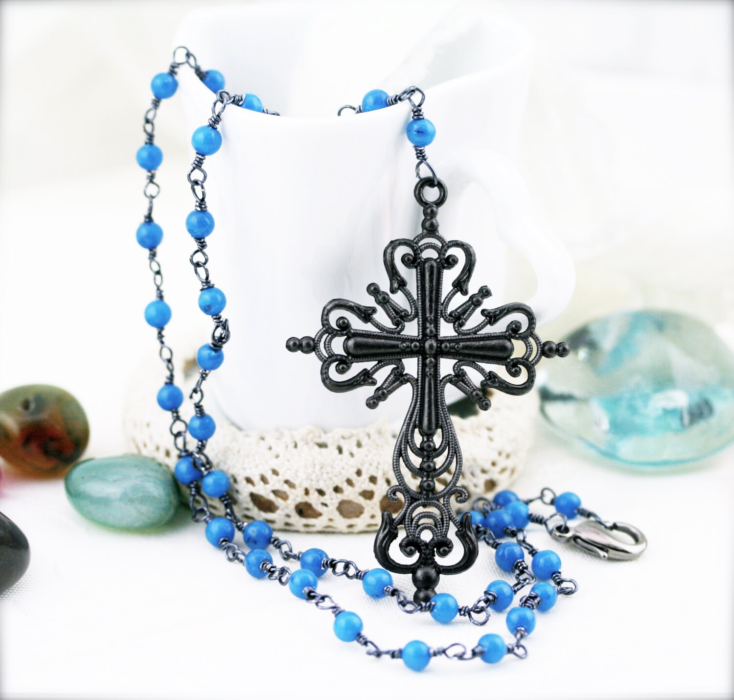 Mittelalterliche Kreuz Quarzit Rosenkranz Halskette | Mc Mittelalterliche Kreuz Quarzit Rosenkranz Halskette | Mc von sophinegiam
