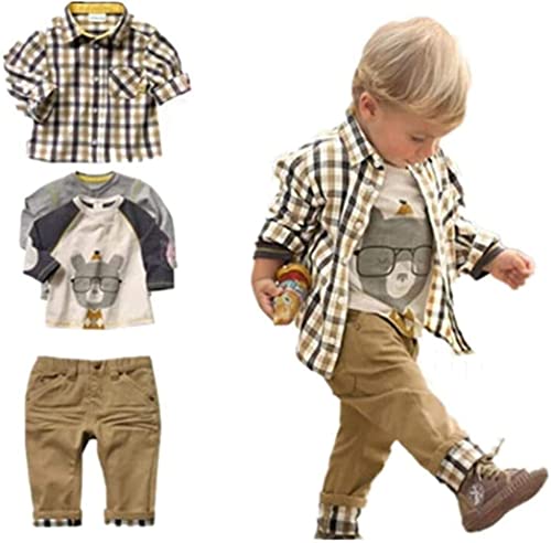 SOPO Kleinkind Jungen Casual 3-teiliges Set (T-Shirt + kariertes Hemd + Khaki Hose) 1-2 Jahre von SOPO