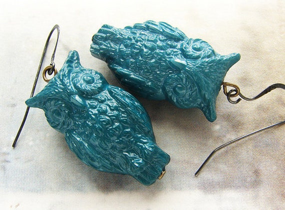 Vintage Eulen-Ohrringe Lucite-Anhänger, Oxidiertes Sterlingsilber Vintage Eulen-Ohrringe Lucite-Anhänger, Oxidiertes Sterlingsilber von soradesigns